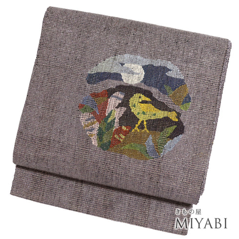 名古屋帯 リサイクル ポイント柄 月に鳥柄 パープル サイズ 正絹 新品・未使用品 カジュアル