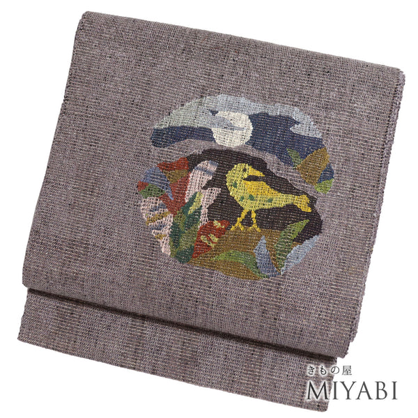 名古屋帯 リサイクル ポイント柄 月に鳥柄 パープル サイズ 正絹 新品・未使用品 カジュアル