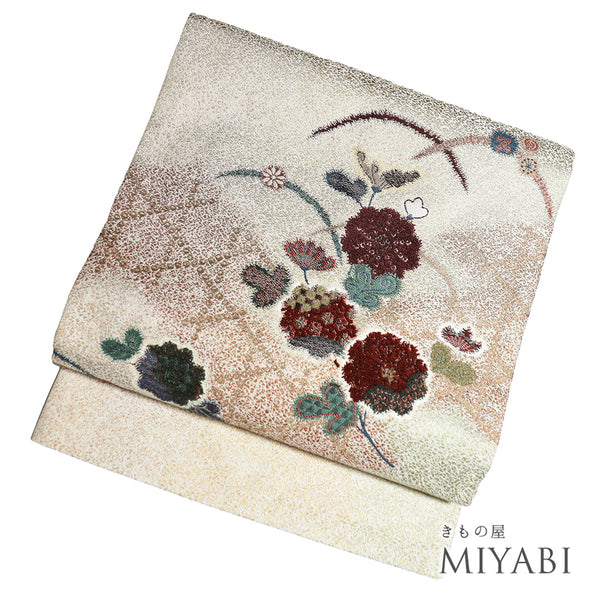 名古屋帯 リサイクル 帯丈363cm ポイント柄 花柄 ベージュ Mサイズ 正絹 Sランク お洒落 カジュアル