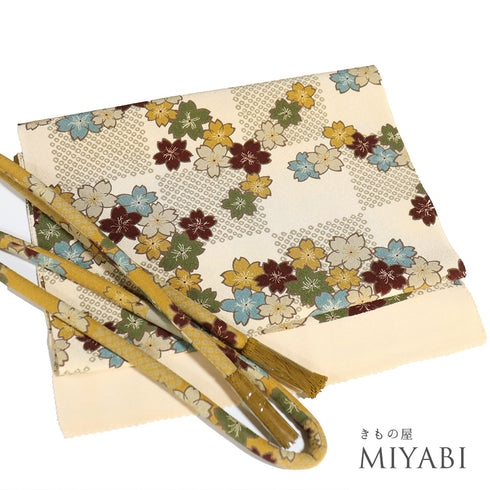 帯締め・帯揚げセット リサイクル 丸くげ ちりめん ベージュ 正絹 新品・未使用品 桜柄 花柄 千鳥格子