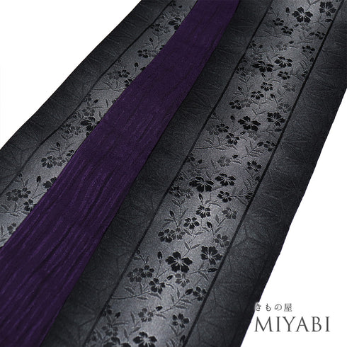 半巾帯 リサイクル 帯丈378cm 全通 花柄 麻の葉柄 ぼかし ブラック SSサイズ ポリエステル Sランク カジュアル お洒落