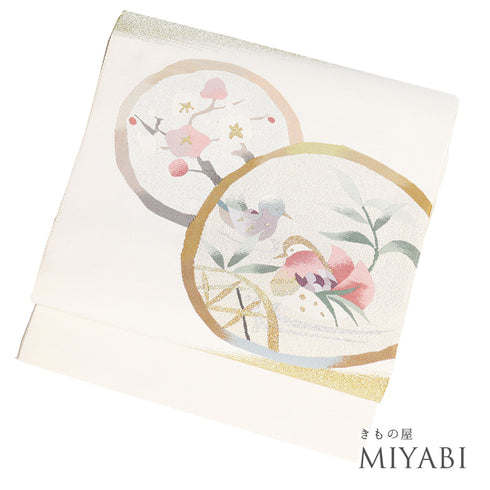 名古屋帯 リサイクル 帯丈364.5cm ポイント柄 丸に鴨や梅柄 つづれ織り ベージュ Mサイズ 正絹 Aランク お洒落