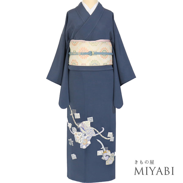 訪問着 リサイクル 身丈156.7cm 裄63.2cm 袷 裂取り柄 源氏香 パールトーン加工 ブルー Mサイズ セミフォーマル お洒落 落款 一つ紋 正絹 広衿 Sランク