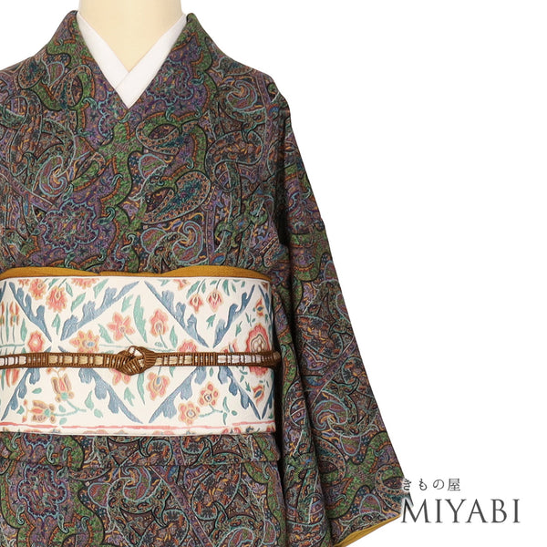 小紋 リサイクル 身丈155cm 裄61.6cm 袷 ペイズリー柄 多色 Sサイズ お洒落 証紙 しつけ糸 正絹 広衿 Sランク