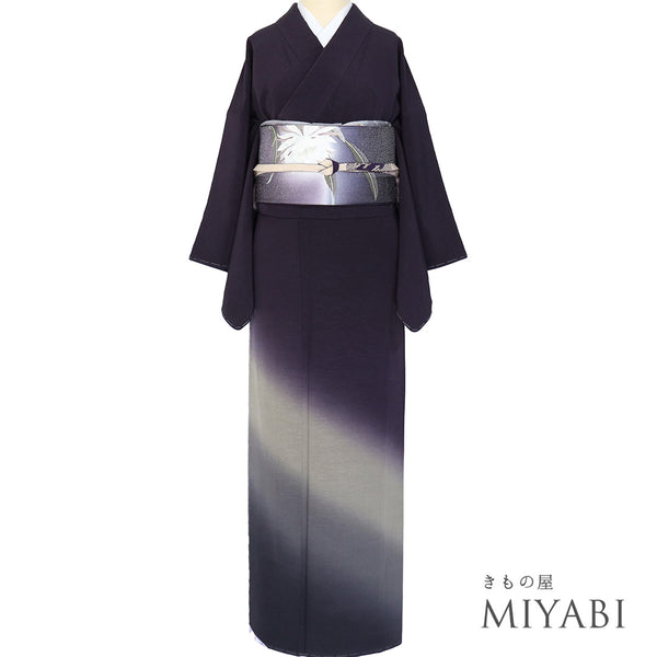 訪問着 リサイクル 身丈158cm 裄64.8cm 袷 ショール付き 銀花仙 斜めぼかし柄 パープル Mサイズ お洒落 しつけ糸 正絹 広衿 Sランク