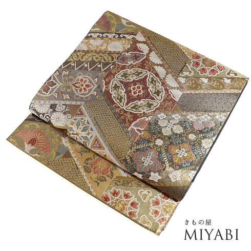 袋帯 リサイクル 帯丈444cm 六通 華文に鳥柄 ゴールド Mサイズ 正絹 新品・未使用品 フォーマル