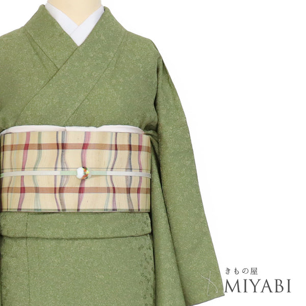 小紋 リサイクル 身丈162cm 裄66cm 袷 地紋 グリーン Lサイズ お洒落 カジュアル 正絹 広衿 Sランク