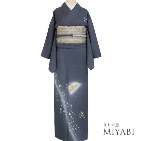 付下げ リサイクル 身丈153.2cm 裄62.8cm 袷 雪輪に宝尽くし柄 枝垂れ桜柄 金駒刺繍 ネイビー Sサイズ セミフォーマル お洒落 正絹 広衿 Aランク