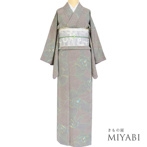 小紋 リサイクル 身丈156.2cm 裄65.6cm 袷 大輪の花模様 地紋 パープル Mサイズ お洒落 カジュアル 正絹 広衿 Sランク