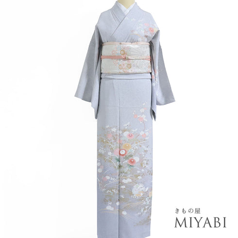 訪問着 リサイクル 身丈163.5cm 裄68.2cm 袷 菊柄 グレー Lサイズ セミフォーマル お洒落 正絹 広衿 Sランク