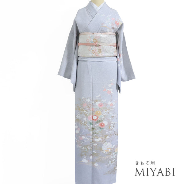 訪問着 リサイクル 身丈163.5cm 裄68.2cm 袷 菊柄 グレー Lサイズ セミフォーマル お洒落 正絹 広衿 Sランク