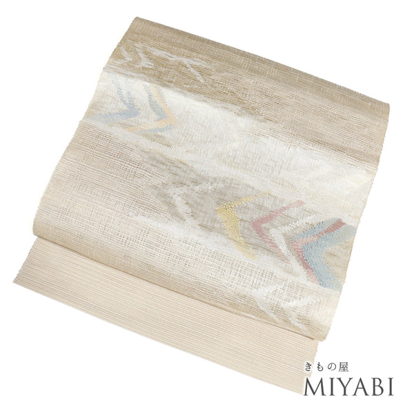 名古屋帯 リサイクル 帯丈363.4cm ポイント柄 夏用 幾何学模様 ベージュ Mサイズ 正絹 Sランク カジュアル