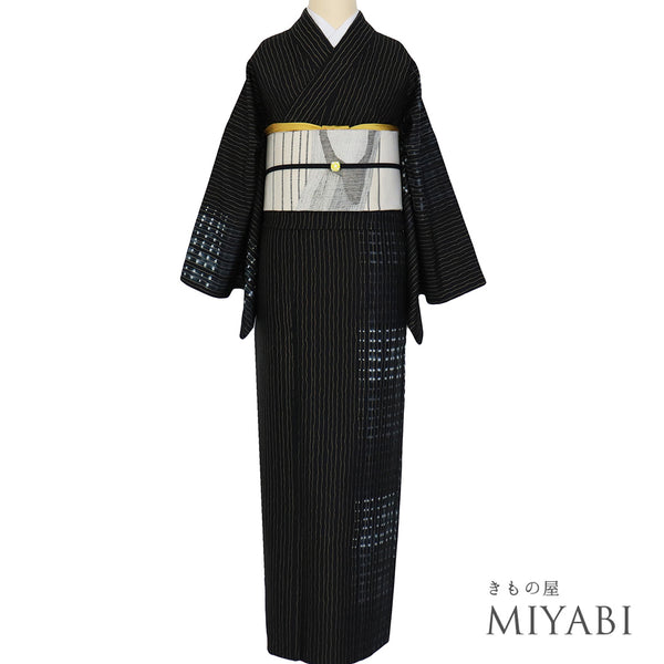 訪問着 リサイクル 身丈160.8cm 裄69.8cm 袷 染め紬 縞模様 水玉模様 絞り ブラック Lサイズ お洒落 カジュアル 正絹 広衿 Aランク