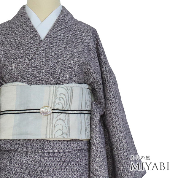 紬 リサイクル 身丈158.3cm 裄64.6cm 袷 染め パープル Mサイズ お洒落 正絹 広衿 Sランク