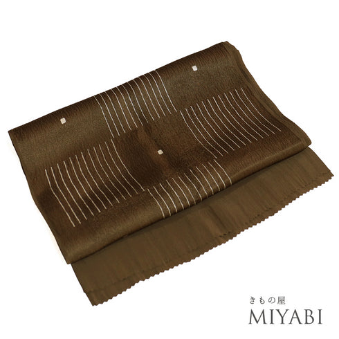 帯揚げ リサイクル お洒落 綸子 正絹 ブラウン 縦縞のデザイン市松 新品・未使用品 AG-1214