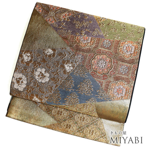 袋帯 リサイクル 帯丈436cm 六通 裂取り文 ゴールド Mサイズ 正絹 Sランク フォーマル セミフォーマル