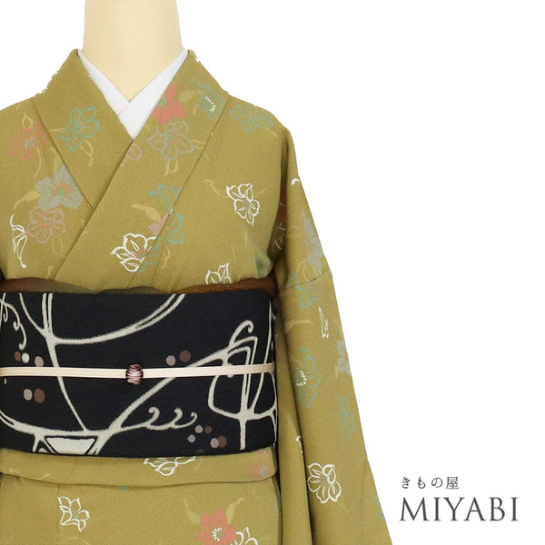 小紋 リサイクル 身丈151.5cm 裄63.2cm 袷 花柄 グリーン Sサイズ お洒落 カジュアル しつけ糸 正絹 広衿 Sランク