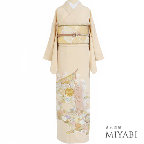 色留袖 リサイクル 身丈160.8cm 裄66.4cm 袷 花や橋柄 金駒刺繍 ベージュ Lサイズ 一つ紋 正絹 広衿 Aランク