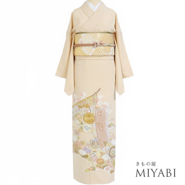 色留袖 リサイクル 身丈160.8cm 裄66.4cm 袷 花や橋柄 金駒刺繍 ベージュ Lサイズ 一つ紋 正絹 広衿 Aランク