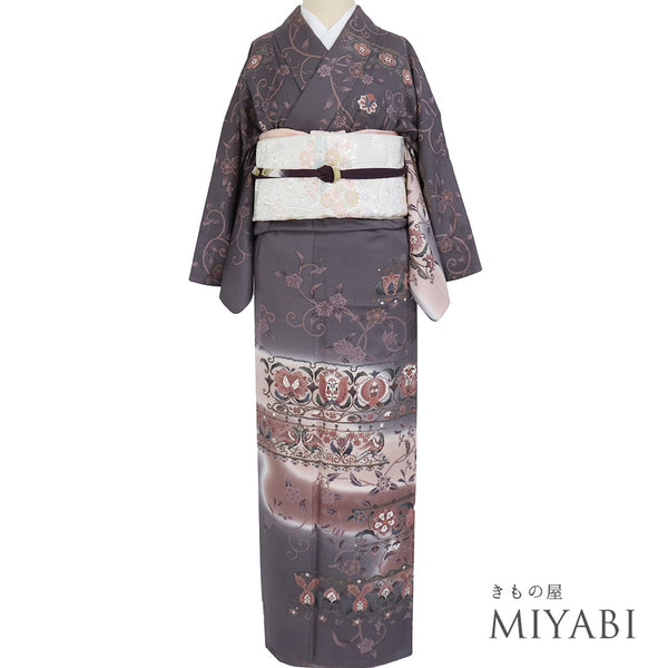 訪問着 リサイクル 身丈155.8cm 裄64.6cm 袷 更紗柄 グレー Mサイズ お洒落 正絹 広衿 Aランク