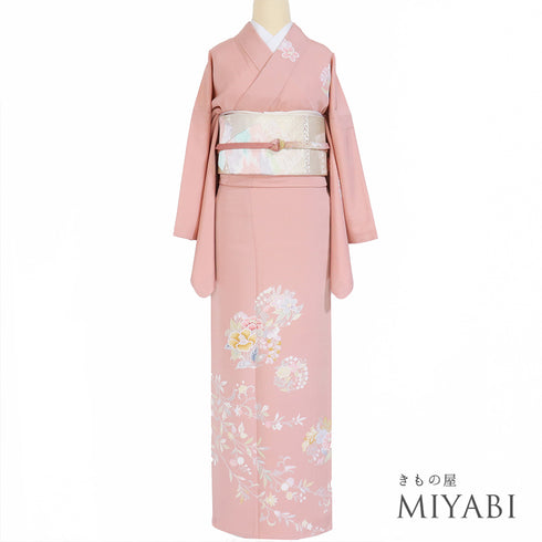 訪問着 リサイクル 身丈164cm 裄68cm 袷 花丸や花唐草柄 ピンク Lサイズ セミフォーマル お洒落 正絹 広衿 Sランク