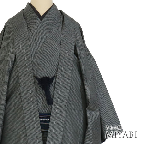 アンサンブル 男物 リサイクル 身丈142cm 裄73.6cm 羽織丈91cm 袷 紬 ゆったり グレー Sサイズ お洒落 カジュアル しつけ糸 正絹 棒衿 Sランク