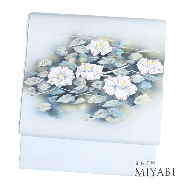 名古屋帯 リサイクル 帯丈375.5cm ポイント柄 花柄 塩瀬 ブルー Mサイズ 正絹 Sランク お洒落 カジュアル