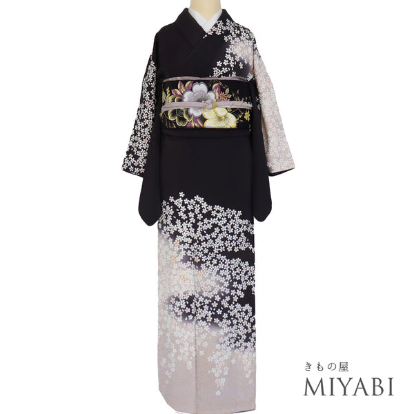 訪問着 リサイクル 身丈157.5cm 裄63cm 袷 小花散らし柄 金駒刺繍 箔 パープル Mサイズ セミフォーマル 正絹 広衿 Aランク