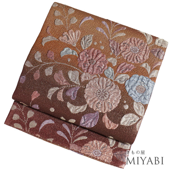 袋帯 リサイクル 帯丈428cm 六通 辻が花風模様 ふくれ織り ブラウン Sサイズ 正絹 新品・未使用品 お洒落