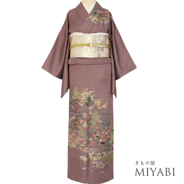 訪問着 リサイクル 身丈156.5cm 裄62.8cm 袷 蘇州刺繍 鴛鴦柄 パープル Mサイズ フォーマル セミフォーマル 落款 しつけ糸 正絹 広衿 Sランク