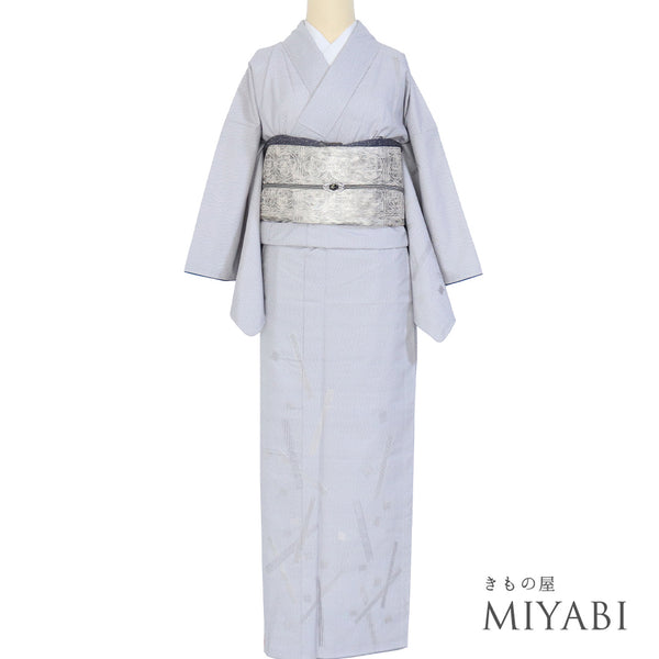 付下げ リサイクル 身丈163.2cm 裄64.7cm 袷 汕頭刺繍 大島紬 グレー Lサイズ お洒落 証紙 正絹 広衿 Sランク