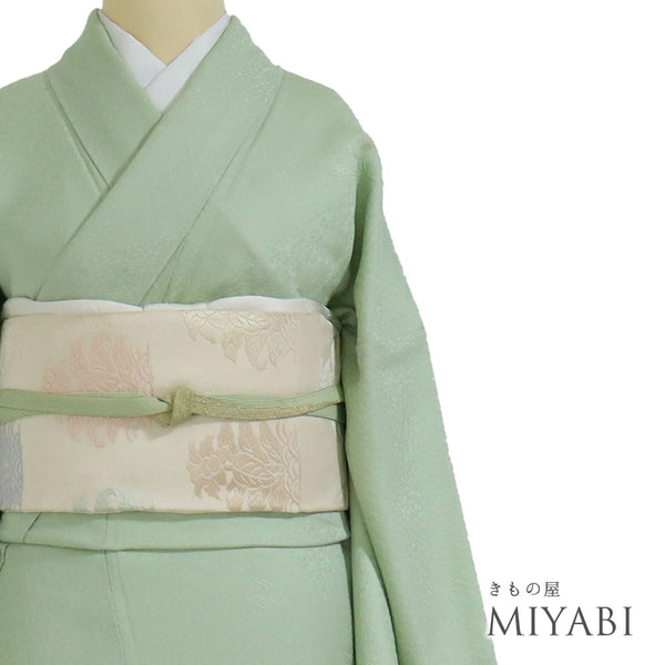 色無地 リサイクル 身丈159.8cm 裄70.4cm 袷 松柄 グリーン Mサイズ お洒落 落款 正絹 広衿 地紋あり Sランク