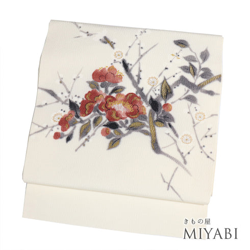 名古屋帯 リサイクル 帯丈358.5cm ポイント柄 梅柄 パールトーン加工 ベージュ Sサイズ 正絹 Sランク お洒落 落款