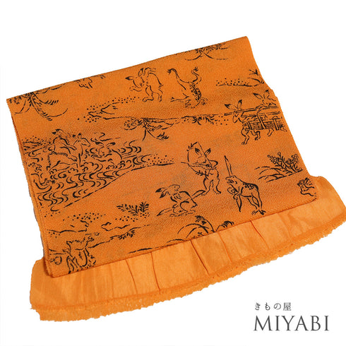帯揚げ リサイクル お洒落 ちりめん 正絹 オレンジ 鳥獣戯画 Sランク AG-1203