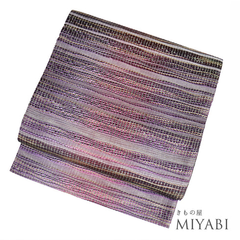 袋帯 リサイクル 帯丈468cm 全通 横段よろけ縞柄 リバーシブル パープル LLサイズ 正絹 新品・未使用品ランク お洒落