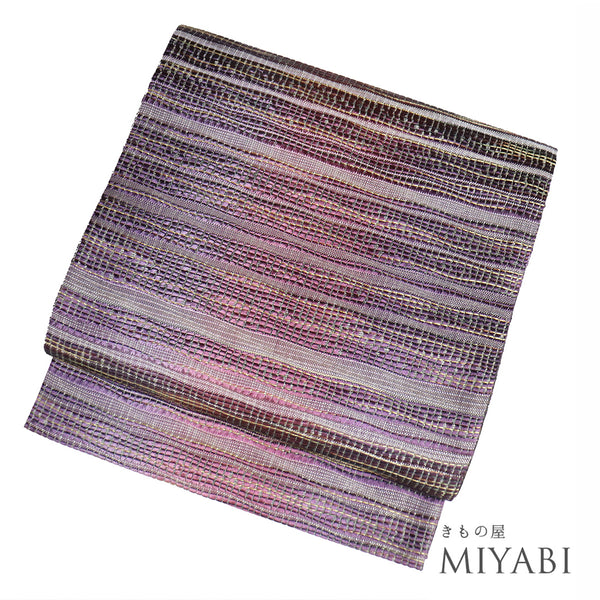 袋帯 リサイクル 帯丈468cm 全通 横段よろけ縞柄 リバーシブル パープル LLサイズ 正絹 新品・未使用品ランク お洒落