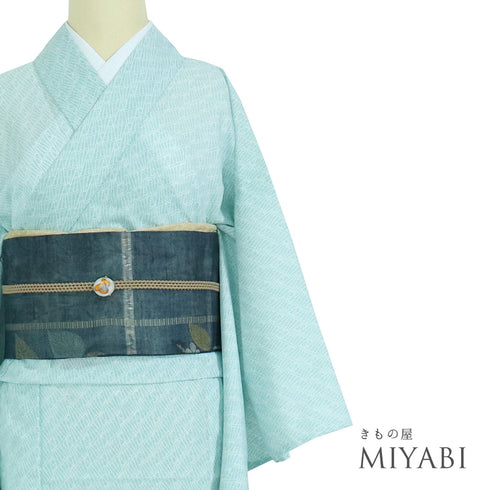 小紋 リサイクル 夏着物 身丈156.7cm 裄65cm 絽 デザイン扇子柄 グリーン Mサイズ お洒落 ポリエステル 洗える着物 バチ衿 Sランク