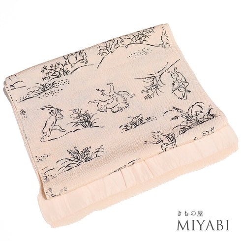 帯揚げ リサイクル お洒落 ちりめん 正絹 ピンク 鳥獣戯画 未使用品 AG-1208