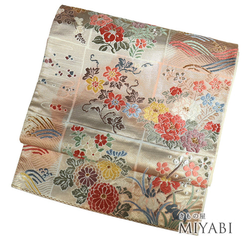 袋帯 リサイクル 帯丈420cm 六通 杜若に花柄 刺繍 ピンク Sサイズ 正絹 Sランク フォーマル