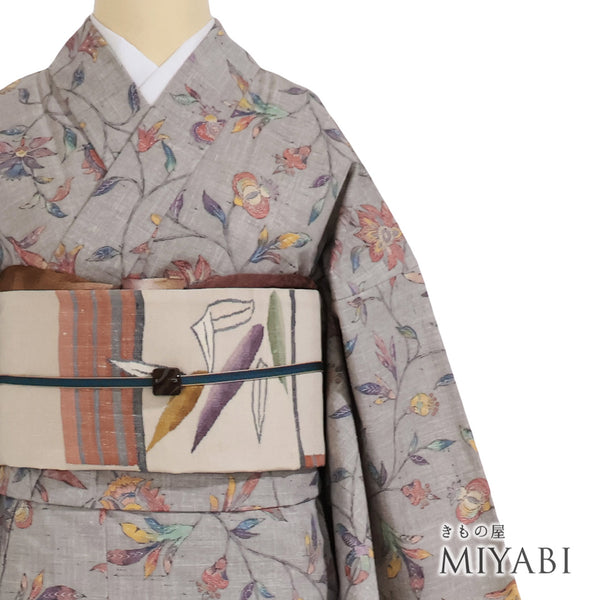 小紋 リサイクル 身丈167.5cm 裄66.6cm 単衣 花唐草文様 グレー LLサイズ カジュアル ウール 洗える着物 バチ衿 Sランク