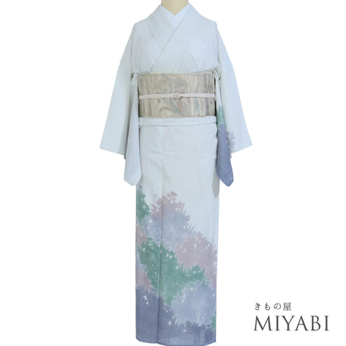 付下げ リサイクル 夏着物 身丈156cm 裄64.6cm 絽 グレー Mサイズ セミフォーマル お洒落 ポリエステル 洗える着物 広衿 Aランク