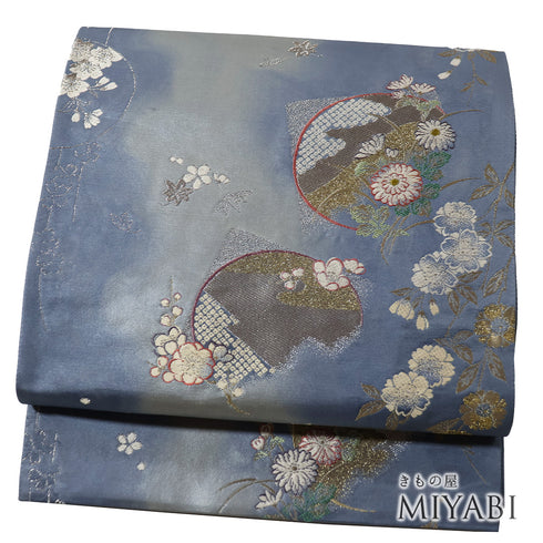 袋帯 リサイクル 帯丈428cm 六通 花丸文様 桜や菊柄 ブルー Sサイズ 正絹 未使用品 フォーマル