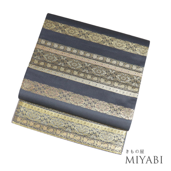 袋帯 帯丈436cm ポイント柄 縞柄 唐草柄 ネイビー Mサイズ 正絹 Sランク セミフォーマル お洒落