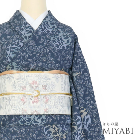 小紋 リサイクル 身丈155cm 裄64.6cm 袷 たたきに蔓草花模様 ブルー Sサイズ お洒落 カジュアル 正絹 広衿 Sランク