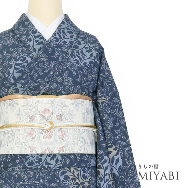 小紋 リサイクル 身丈155cm 裄64.6cm 袷 たたきに蔓草花模様 ブルー Sサイズ お洒落 カジュアル 正絹 広衿 Sランク