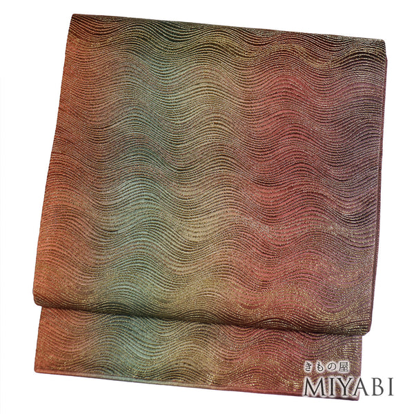 袋帯 リサイクル 帯丈442cm 六通 縦ぼかし柄 天平組織 本泥染袋帯 多色 Mサイズ 正絹 未使用品 セミフォーマル お洒落