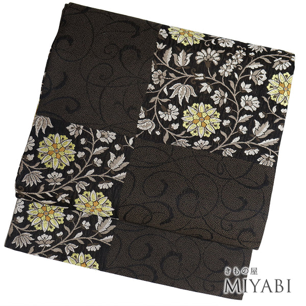 名古屋帯 リサイクル 帯丈372.3cm 六通 花唐草模様 ブラック Mサイズ 正絹 Sランク お洒落