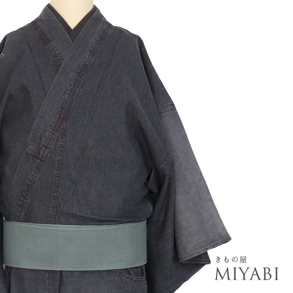 男物 リサイクル 身丈142cm 裄71cm 単衣 デニム着物 既製品 グレー Sサイズ お洒落 カジュアル 木綿 洗える着物 棒衿 新品・未使用品