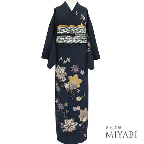 訪問着 リサイクル 身丈168.3cm 裄67cm 袷 紅葉や菊柄 箔 ネイビー LLサイズ お洒落 不明 広衿 Sランク