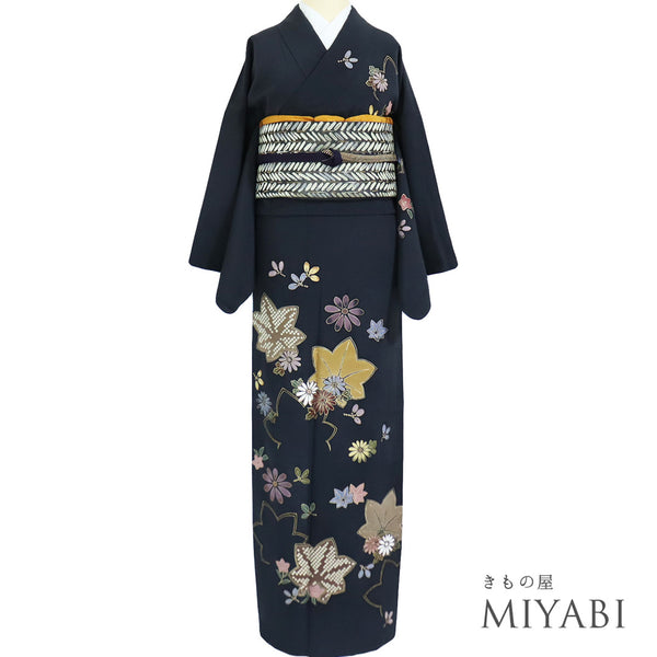 訪問着 リサイクル 身丈168.3cm 裄67cm 袷 紅葉や菊柄 箔 ネイビー LLサイズ お洒落 不明 広衿 Sランク